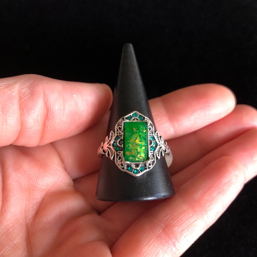 Silver Tone Blue and Green Faux Gemstone Ring